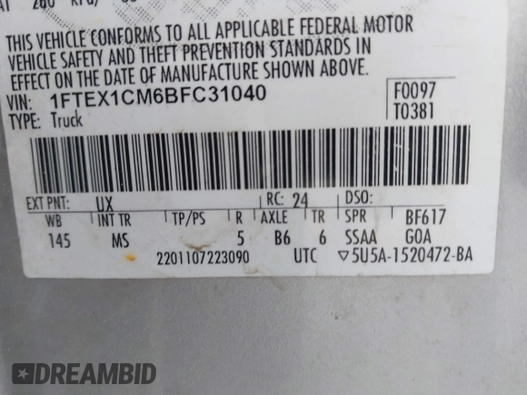 2011 Ford F-150 XL с VIN 1FTEX1CM6BFC31040, выставлен на аукционе IAAI как лот 42025695 с пробегом 172 792 миль миль и . История ставок и продаж доступна на DreamBid. Изображение 9.