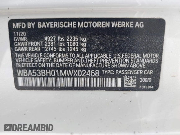 2021 BMW 5 Series 530i with VIN WBA53BH01MWX02468, listed as a IAAI auction lot 42115308 with 26,649 mi miles and . Bid and sale history available at DreamBid. Image 9.