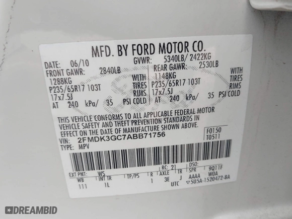 2010 Ford Edge SE with VIN 2FMDK3GC7ABB71756, listed as a IAAI auction lot 41795380 with 103,887 mi miles. Bid and sale history available at carsss.com. Image 9.