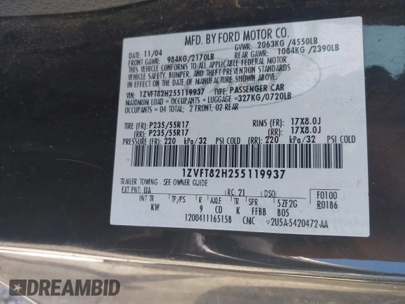 2005 Ford Mustang GT Deluxe z VIN 1ZVFT82H255119937, wystawiony jako IAAI lot #42342433 z przebiegiem 149 435 mil mil oraz . Historia ofert i sprzedaży dostępna na DreamBid. Obrazek 9.