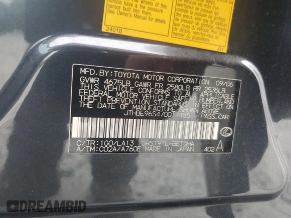 2007 Lexus GS 350 with VIN JTHBE96S470011485, listed as a Copart auction lot 69832444 with 196,931 mi miles and Salvage Title. Bid and sale history available at carsss.com. Image 12.