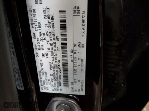 2020 Ford Escape SEL with VIN 1FMCU0H61LUA31728, listed as a Copart auction lot 54824065 with 63,194 mi miles and Salvage title. Bid and sale history available at DreamBid. Image 13.