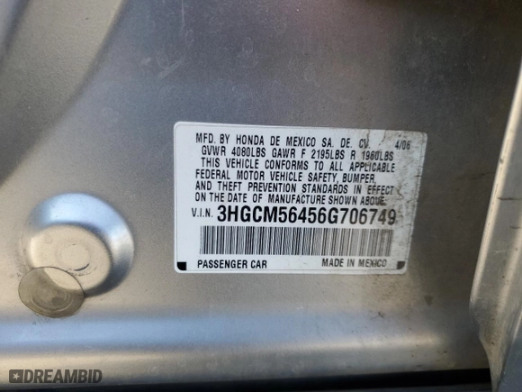 2006 Honda Accord Sdn LX with VIN 3HGCM56456G706749, listed as a Copart auction lot 49706255 with 206,627 mi miles and Salvage Title. Bid and sale history available at carsss.com. Image 12.