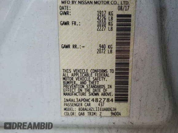 2017 Nissan Altima SV with VIN 1N4AL3AP0HC482784, listed as a Copart auction lot 62652735 with 119,916 mi miles and Salvage title. Bid and sale history available at DreamBid. Image 13.