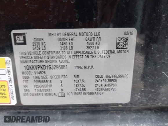 2016 GMC Acadia SLE with VIN 1GKKVPKD1GJ296061, listed as a IAAI auction lot 41749779 with 154,406 mi miles and . Bid and sale history available at DreamBid. Image 9.