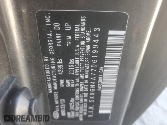 2013 Kia Optima EX z VIN 5XXGN4A77DG199443, wystawiony jako Copart lot #62406035 z przebiegiem 171 081 mil mil oraz Szkoda całkowita • Salvage title. Historia ofert i sprzedaży dostępna na DreamBid. Obrazek 12.