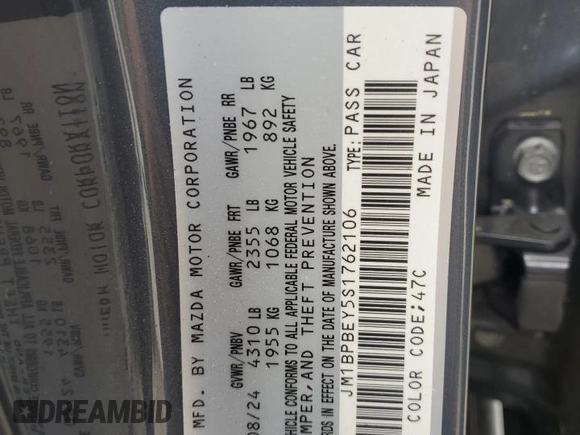 2025 Mazda 3 Premium Plus z VIN JM1BPBEY5S1762106, wystawiony jako Copart lot #51500675 z przebiegiem 2 770 mil mil oraz Szkoda całkowita • Salvage title. Historia ofert i sprzedaży dostępna na DreamBid. Obrazek 14.