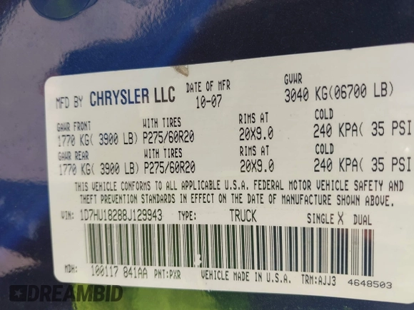 2008 Dodge 1500 SLT with VIN 1D7HU18288J129943, listed as a IAAI auction lot 42137458 with 205,198 mi miles. Bid and sale history available at carsss.com. Image 9.