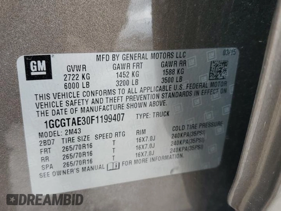 2015 Chevrolet Colorado 4WD WT with VIN 1GCGTAE30F1199407, listed as a Copart auction lot 50990715 with 117,330 mi miles and Salvage Title. Bid and sale history available at DreamBid. Image 12.
