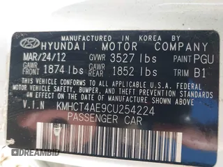 2012 Hyundai Accent GLS with VIN KMHCT4AE9CU254224, listed as a IAAI auction lot 41964055 with 86,501 mi miles. Bid and sale history available at carsss.com. Image 9.