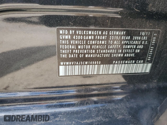 2012 Volkswagen GTI with VIN WVWHV7AJ3CW149850, listed as a Copart auction lot 57158465 with 106,204 mi miles and Salvage title. Bid and sale history available at DreamBid. Image 13.