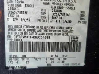 1999 Ford F-350 XL с VIN 1FTSW31F4XEC54688, выставлен на аукционе Copart как лот 62053925 с пробегом 196 767 миль миль и Списание • Salvage title. История ставок и продаж доступна на DreamBid. Изображение 12.