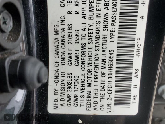 2017 Honda Civic Sedan EX-T with VIN 2HGFC1F30HH650545, listed as a Copart auction lot 45967905 with 166,207 mi miles and Salvage Title. Bid and sale history available at carsss.com. Image 14.