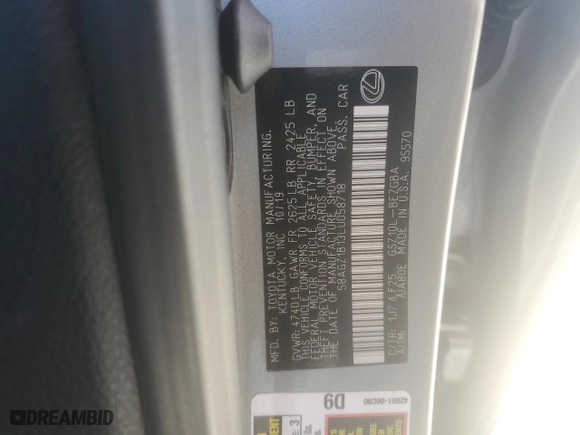 2020 Lexus ES with VIN 58AGZ1B13LU058718, listed as a Copart auction lot 46888205 with 48,433 mi miles and Salvage Title. Bid and sale history available at carsss.com. Image 12.
