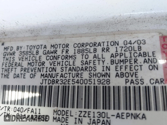 2004 Toyota Corolla CE with VIN JTDBR32E540051928, listed as a IAAI auction lot 41958483 with 299,999 mi miles. Bid and sale history available at carsss.com. Image 9.
