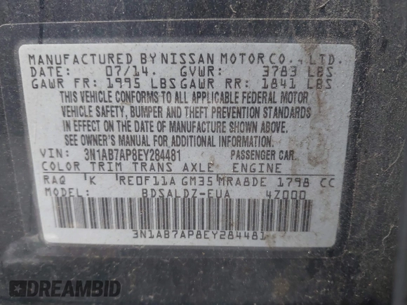 2014 Nissan Sentra S with VIN 3N1AB7AP8EY284481, listed as a IAAI auction lot 42121992 with 176,672 mi miles and . Bid and sale history available at DreamBid. Image 9.