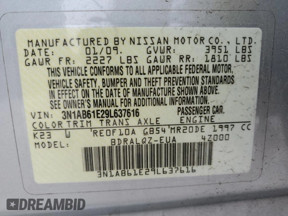2009 Nissan Sentra FE+ with VIN 3N1AB61E29L637616, listed as a Copart auction lot 50890955 with Not Provided miles and Salvage Title. Bid and sale history available at DreamBid. Image 14.