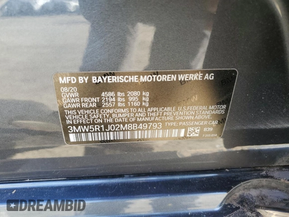 2021 BMW 3 Series 330i with VIN 3MW5R1J02M8B49793, listed as a Copart auction lot 49740925 with 42,281 mi miles and Salvage Title. Bid and sale history available at carsss.com. Image 12.