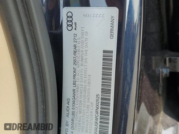 2015 Audi A6 Premium Plus with VIN WAUGFAFC4FN002525, listed as a Copart auction lot 60429015 with 73,835 mi miles and Salvage title. Bid and sale history available at DreamBid. Image 12.