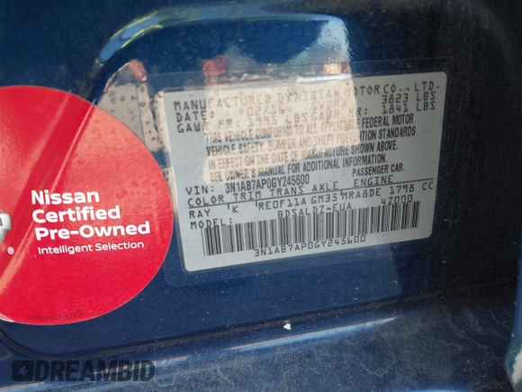2016 Nissan Sentra SV with VIN 3N1AB7AP0GY245600, listed as a IAAI auction lot 42058185 with 154,160 mi miles and . Bid and sale history available at DreamBid. Image 9.