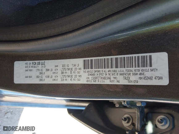 2019 Ram 1500 Rebel with VIN 1C6SRFET7KN861046, listed as a IAAI auction lot 41410878 with 110,626 mi miles. Bid and sale history available at carsss.com. Image 9.
