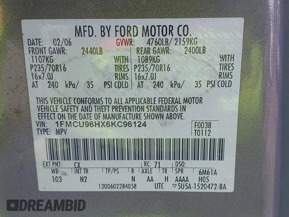 2006 Ford Escape Hybrid with VIN 1FMCU96HX6KC96124, listed as a IAAI auction lot 42272741 with Not provided miles and . Bid and sale history available at DreamBid. Image 9.