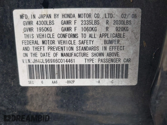 2006 Acura TSX Navi with VIN JH4CL969X6C014461, listed as a IAAI auction lot 42206844 with 119,201 mi miles and . Bid and sale history available at DreamBid. Image 9.
