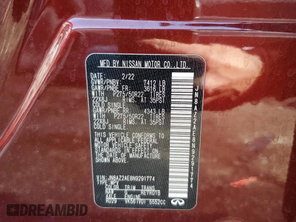 2022 Infiniti QX80 PREMIUM SELECT with VIN JN8AZ2AE8N9291774, listed as a Copart auction lot 44748755 with 42,604 mi miles and Clean Title. Bid and sale history available at carsss.com. Image 16.