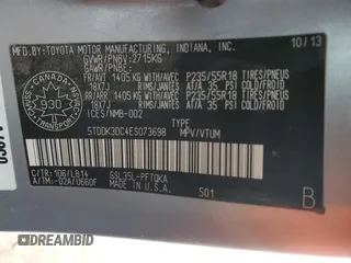 2014 Toyota Sienna Limited with VIN 5TDDK3DC4ES073698, listed as a Copart auction lot 60848915 with 418,121 mi miles and Salvage title. Bid and sale history available at DreamBid. Image 13.