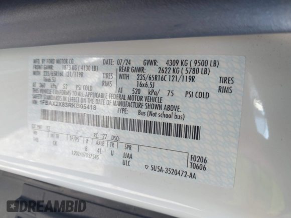 2024 Ford Transit Passenger XL with VIN 1FBAX2X83RKB05418, listed as a IAAI auction lot 40930608 with 2,344 mi miles and . Bid and sale history available at DreamBid. Image 9.