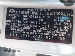 2012 Kia Sorento EX with VIN 5XYKU4A27CG236759, listed as a IAAI auction lot 41908574 with 197,841 mi miles. Bid and sale history available at carsss.com. Image 9.