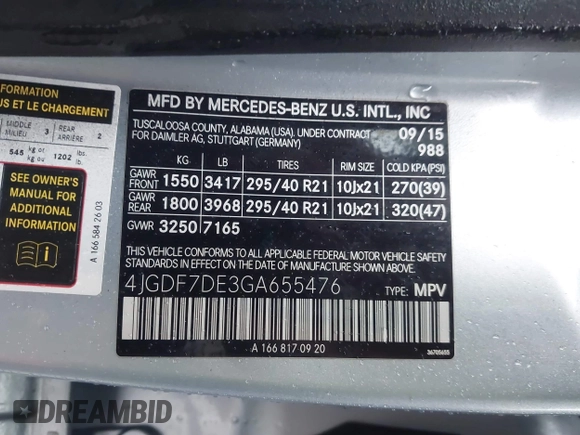 2016 Mercedes-Benz GL with VIN 4JGDF7DE3GA655476, listed as a IAAI auction lot 41710919 with 164,831 mi miles. Bid and sale history available at carsss.com. Image 9.