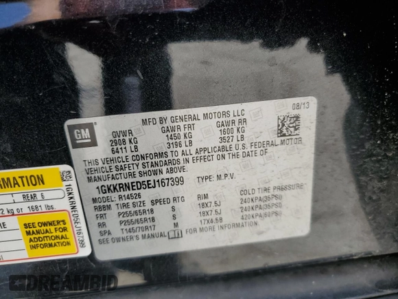 2014 GMC Acadia SLE with VIN 1GKKRNED5EJ167399, listed as a Copart auction lot 54206115 with Not provided miles and Salvage title. Bid and sale history available at DreamBid. Image 13.