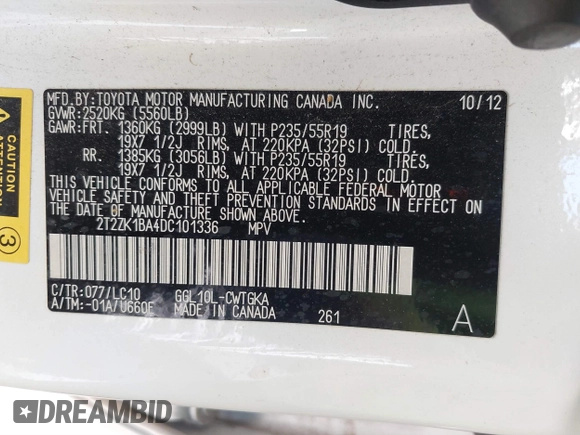 2013 Lexus RX 350 with VIN 2T2ZK1BA4DC101336, listed as a IAAI auction lot 41734417 with 137,790 mi miles and . Bid and sale history available at DreamBid. Image 9.