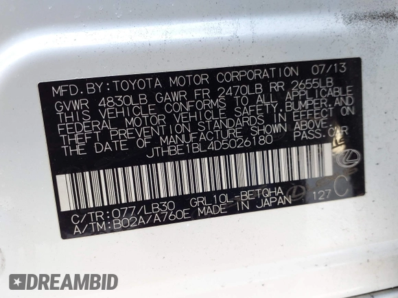 2013 Lexus GS 350 z VIN JTHBE1BL4D5026180, wystawiony jako IAAI lot #41534299 z przebiegiem Nie podano mil oraz . Historia ofert i sprzedaży dostępna na DreamBid. Obrazek 9.