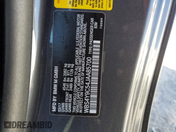 2018 BMW M4 with VIN WBS4Y9C54JAA85700, listed as a Copart auction lot 75889994 with Not Provided miles and Salvage Title. Bid and sale history available at carsss.com. Image 12.