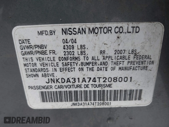 2004 Infiniti I35 with VIN JNKDA31A74T208001, listed as a IAAI auction lot 41835959 with 84,747 mi miles. Bid and sale history available at carsss.com. Image 9.