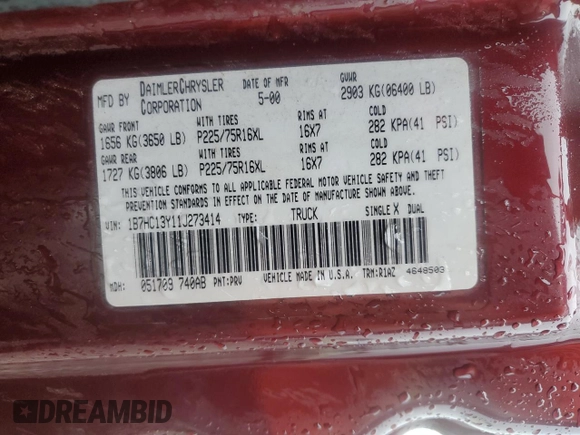 2001 Dodge 1500 z VIN 1B7HC13Y11J273414, wystawiony jako Copart lot #60229975 z przebiegiem 181 604 mil mil oraz Szkoda całkowita • Salvage title. Historia ofert i sprzedaży dostępna na DreamBid. Obrazek 12.