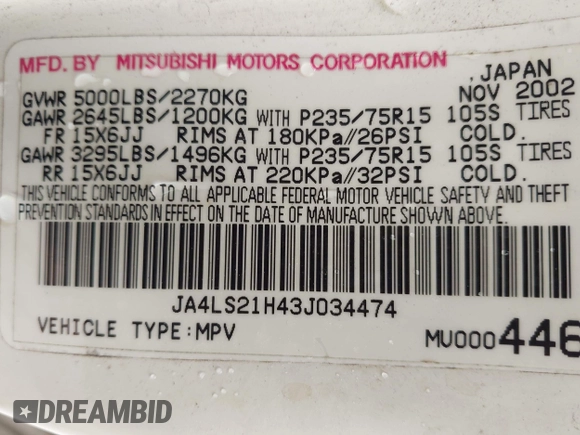 2003 Mitsubishi Montero Sport ES with VIN JA4LS21H43J034474, listed as a IAAI auction lot 41905405 with 194,514 mi miles. Bid and sale history available at carsss.com. Image 9.