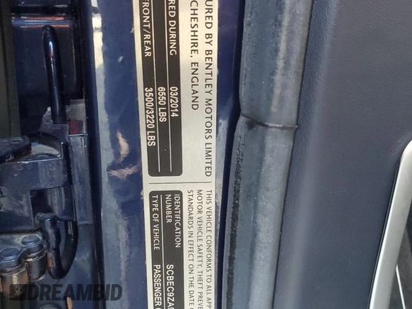 2014 Bentley Flying Spur with VIN SCBEC9ZA9EC096538, listed as a Copart auction lot 54035415 with 46,346 mi miles and Salvage Title. Bid and sale history available at DreamBid. Image 12.