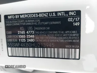 2017 Mercedes-Benz C 300 with VIN 55SWF4KB0HU213945, listed as a IAAI auction lot 42441143 with 100,274 mi miles and . Bid and sale history available at DreamBid. Image 9.