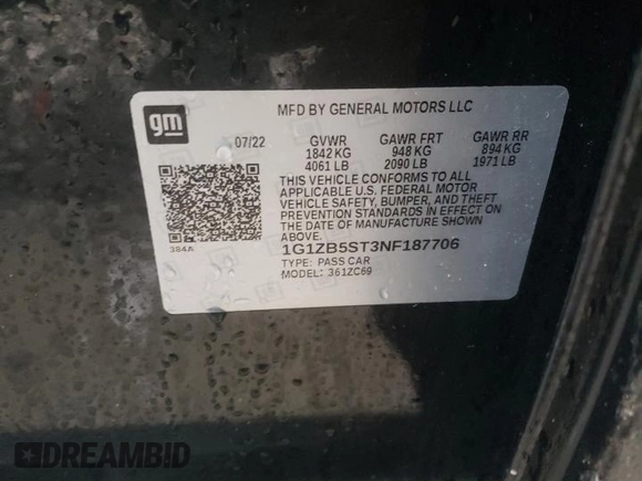 2022 Chevrolet Malibu LS with VIN 1G1ZB5ST3NF187706, listed as a Copart auction lot 85432764 with 31,145 mi miles and Salvage Title. Bid and sale history available at DreamBid. Image 14.