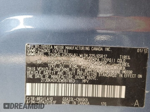 2012 Toyota RAV4 Limited with VIN 2T3DK4DV3CW067863, listed as a Copart auction lot 49274395 with Not Provided miles and Salvage Title. Bid and sale history available at carsss.com. Image 14.