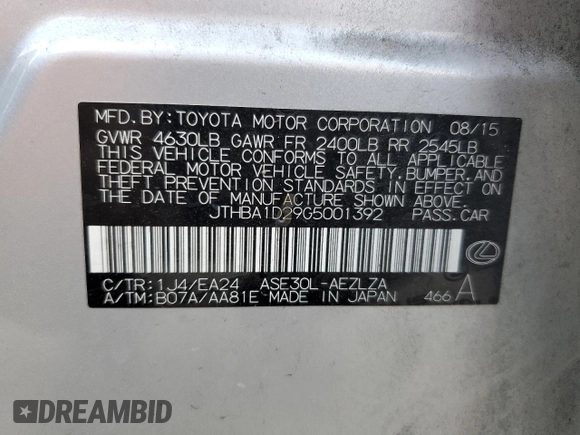 2016 Lexus IS 200t with VIN JTHBA1D29G5001392, listed as a Copart auction lot 52383735 with 108,383 mi miles and Non Repairable. Bid and sale history available at DreamBid. Image 13.