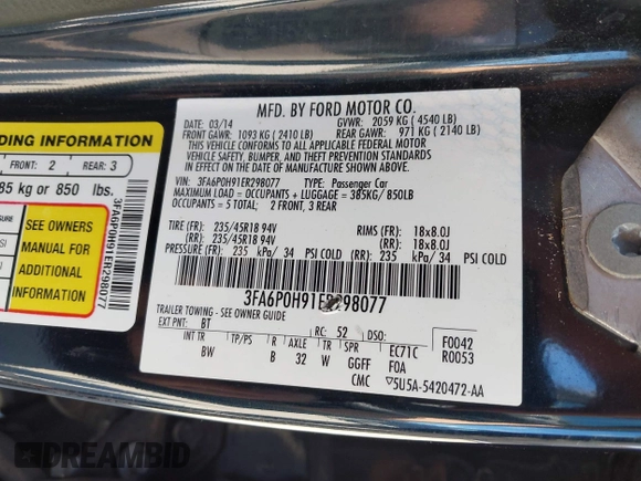 2014 Ford Fusion SE with VIN 3FA6P0H91ER298077, listed as a IAAI auction lot 42221110 with 244,165 mi miles and . Bid and sale history available at carsss.com. Image 9.