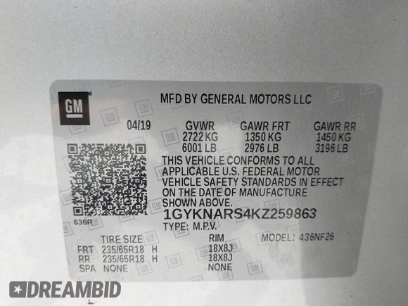 2019 Cadillac XT5 FWD with VIN 1GYKNARS4KZ259863, listed as a IAAI auction lot 42603196 with 51,251 mi miles and . Bid and sale history available at DreamBid. Image 9.