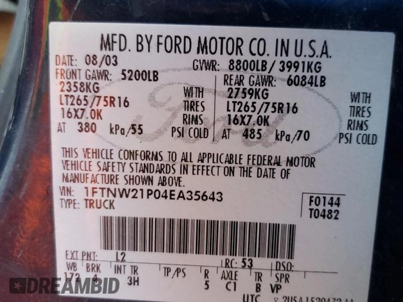 2004 Ford F-250 XL z VIN 1FTNW21P04EA35643, wystawiony jako Copart lot #40755184 z przebiegiem Nie podano mil oraz Szkoda całkowita • Salvage title. Historia ofert i sprzedaży dostępna na DreamBid. Obrazek 12.