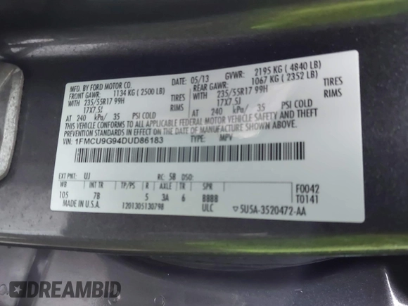 2013 Ford Escape SE с VIN 1FMCU9G94DUD86183, выставлен на аукционе IAAI как лот 41209082 с пробегом 187 273 миль миль и . История ставок и продаж доступна на DreamBid. Изображение 9.