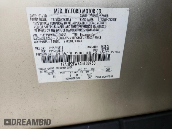 2010 Ford Taurus Limited with VIN 1FAHP2FW7AG138753, listed as a Copart auction lot 64880025 with 242,728 mi miles and Clean title. Bid and sale history available at DreamBid. Image 12.