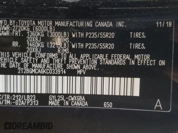 2019 Lexus RX with VIN 2T2BGMCA6KC033914, listed as a Copart auction lot 68330402 with 83,383 mi miles. Bid and sale history available at carsss.com. Image 13.